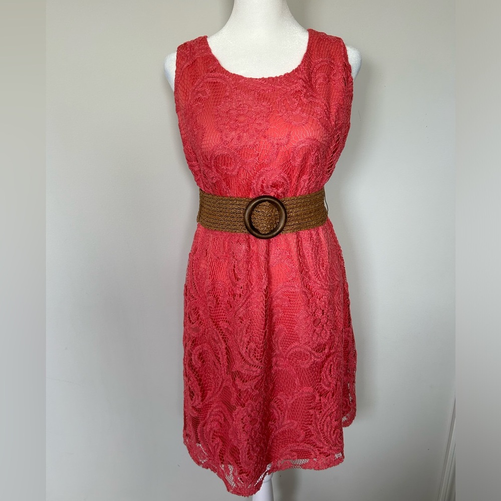 Eliza J coral pink belted lace dress -Size 6